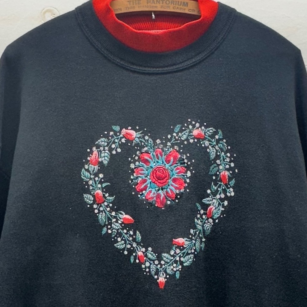 Morning Sun Sweatshirt‎ Women XL Black Excellent Vintage 90s Floral Heart USA
